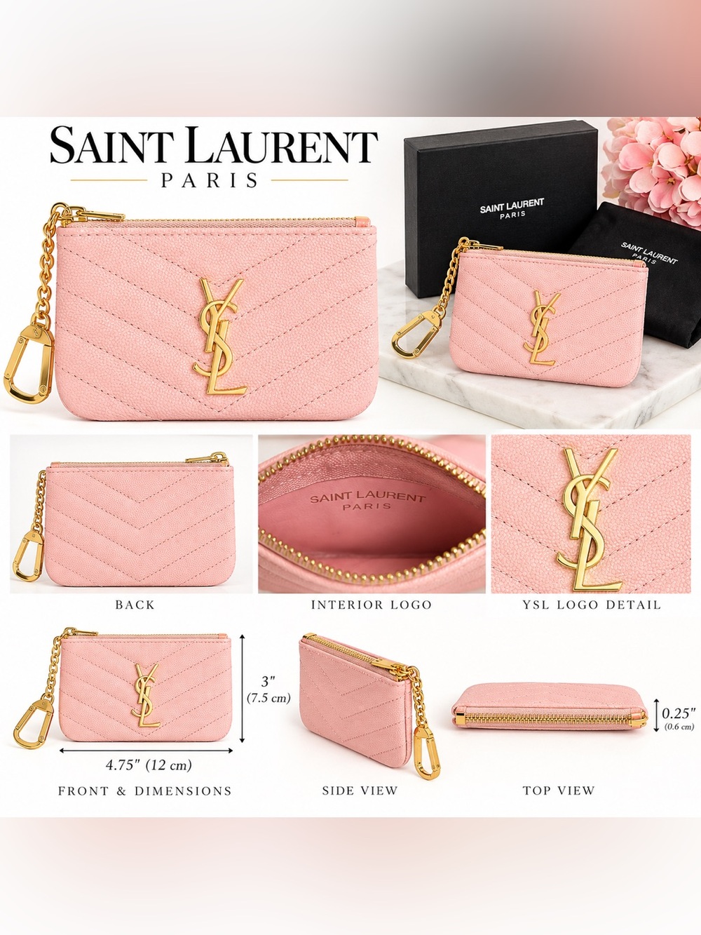 Pink Quilted Leather Key Pouch with Gold Hardware